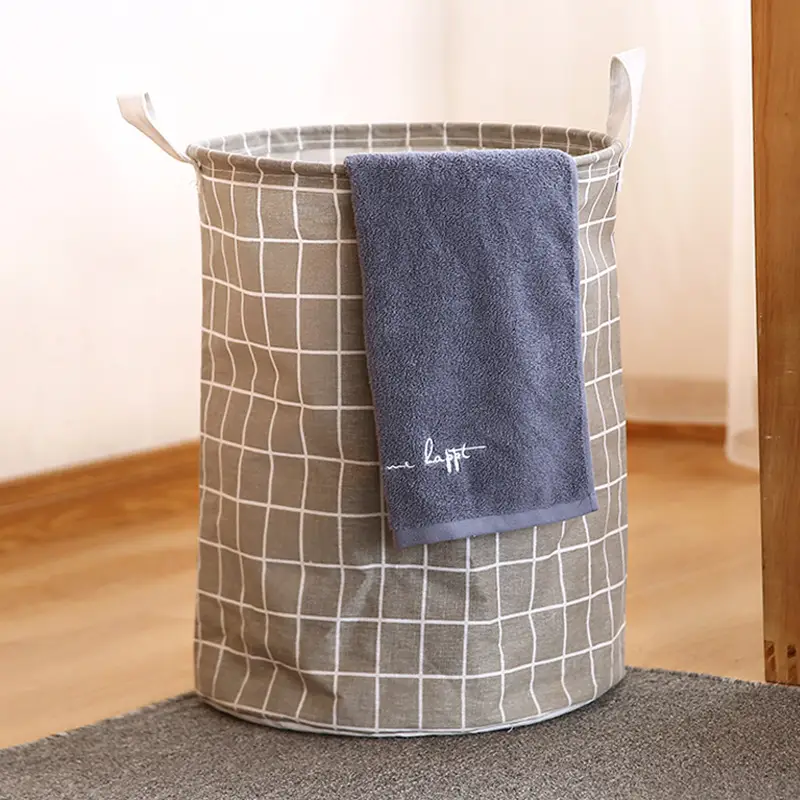 Skládací koš na prádlo kulatý, černý pléd, PLEJO TYP 3