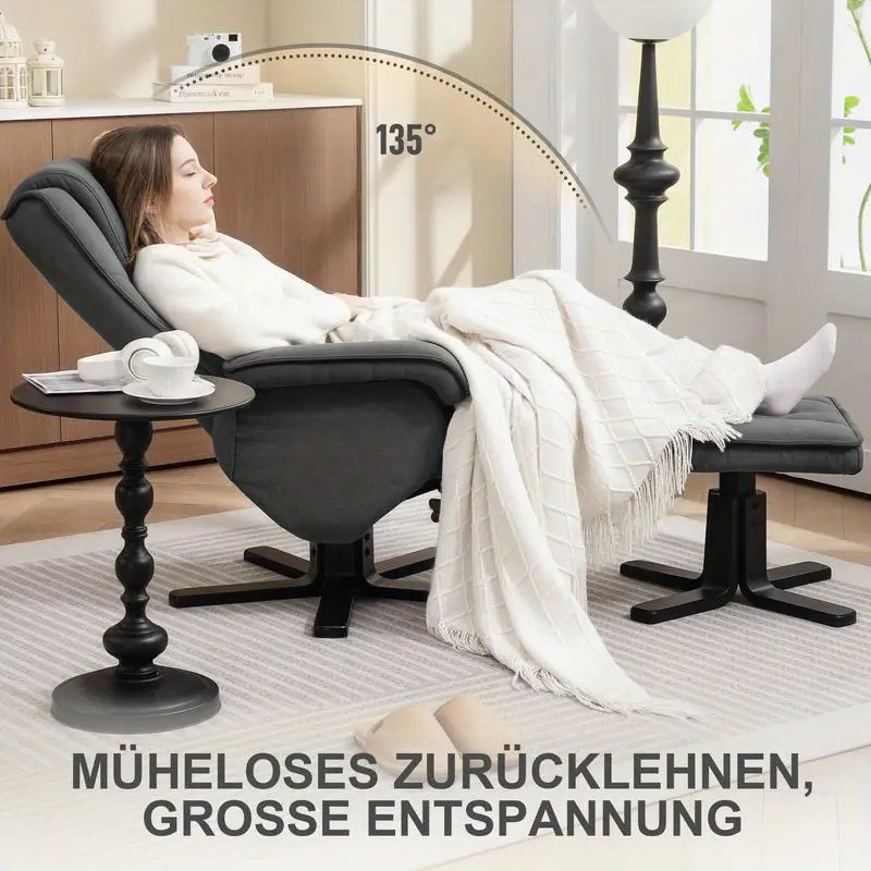 Křeslo relaxační, otočné, s podnožkou, dřevo černé, látka šedá, ARTUŠ 2