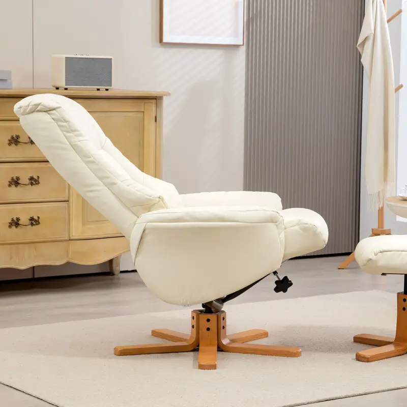 Křeslo relaxační, otočné, s podnožkou, dřevo světlé, ekokůže bílá, LERATO