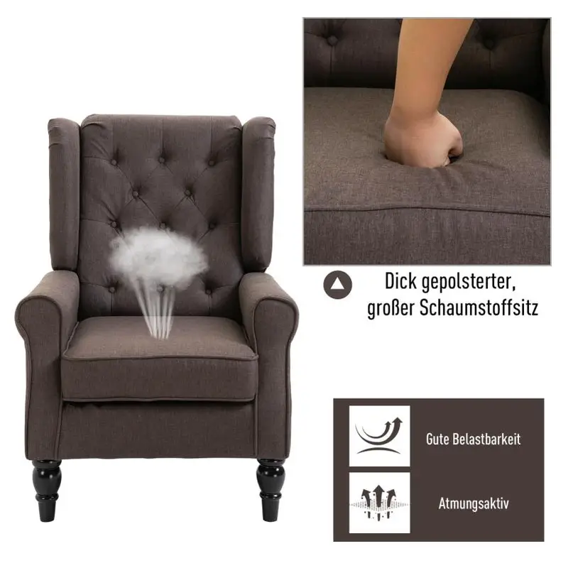 Křeslo ušák, relaxační, nohy dřevo tmavé, látka tmavě hnědá, LILLY
