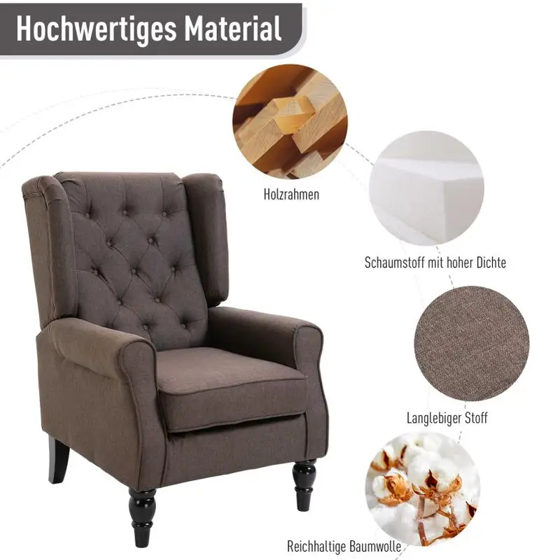 Křeslo ušák, relaxační, nohy dřevo tmavé, látka tmavě hnědá, LILLY