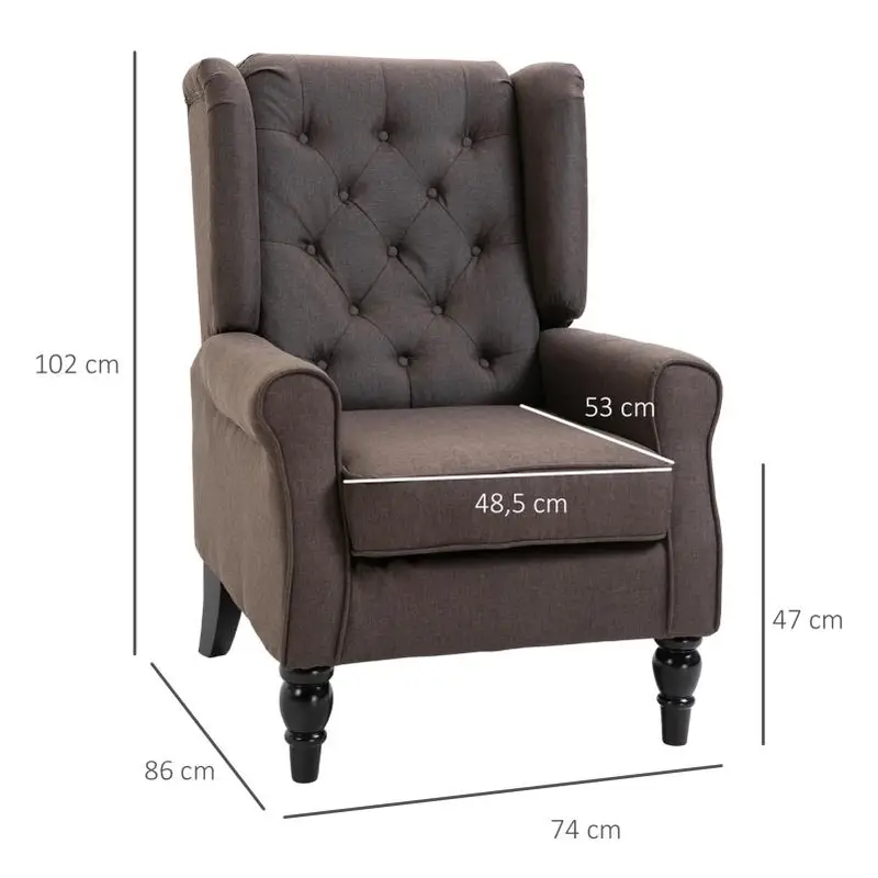 Křeslo ušák, relaxační, nohy dřevo tmavé, látka tmavě hnědá, LILLY