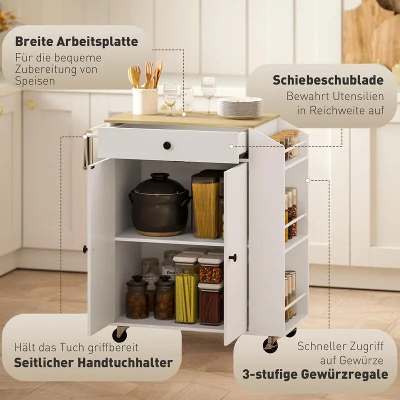 Servírovací stolek, kolečka, MDF, bílá, dub, MORLAN